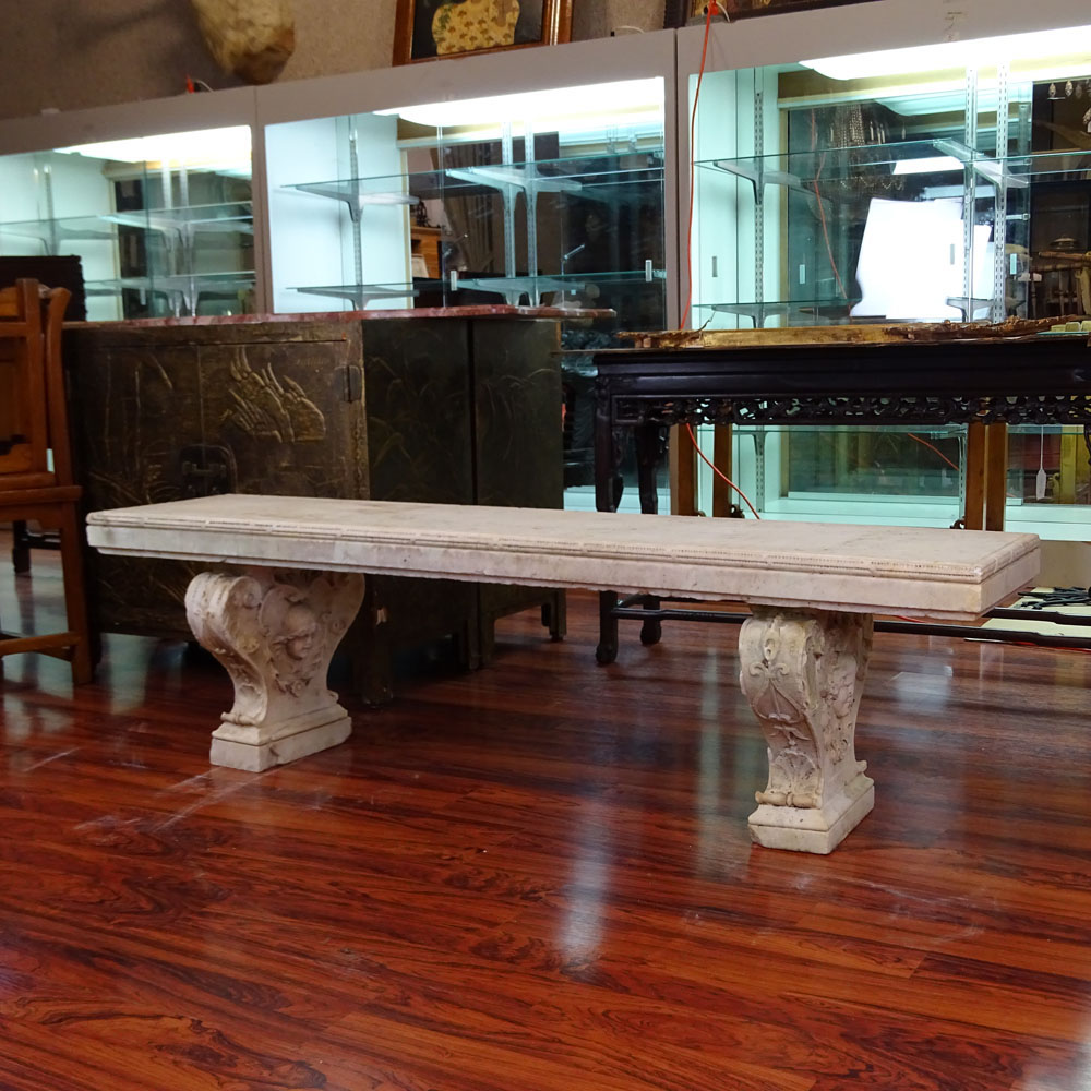 19th Century Carved Carrera  Marble Garden Bench. Figural Design.