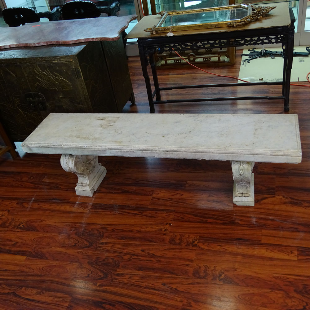 19th Century Carved Carrera  Marble Garden Bench. Figural Design.