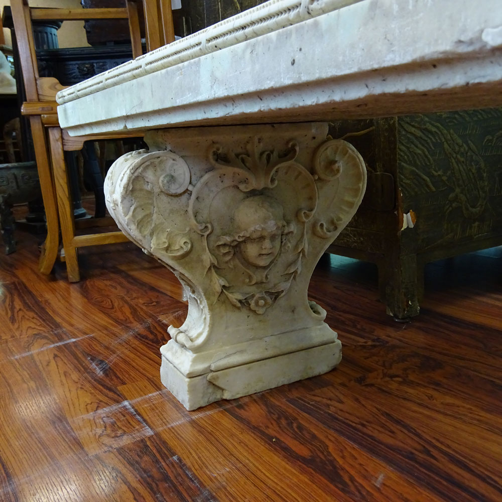 19th Century Carved Carrera  Marble Garden Bench. Figural Design.