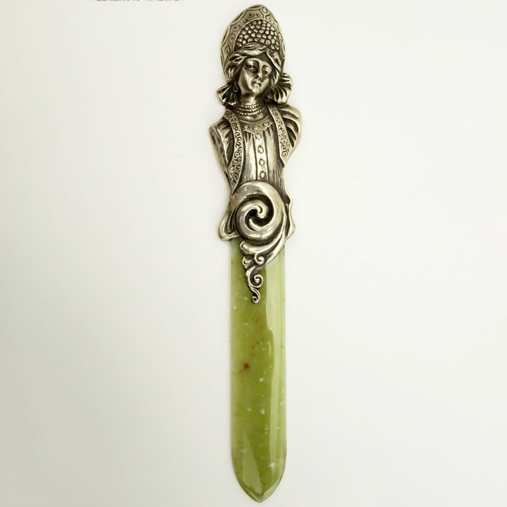 20th Century Russian Moscow 84 Silver Mounted Jade Letter Opener.