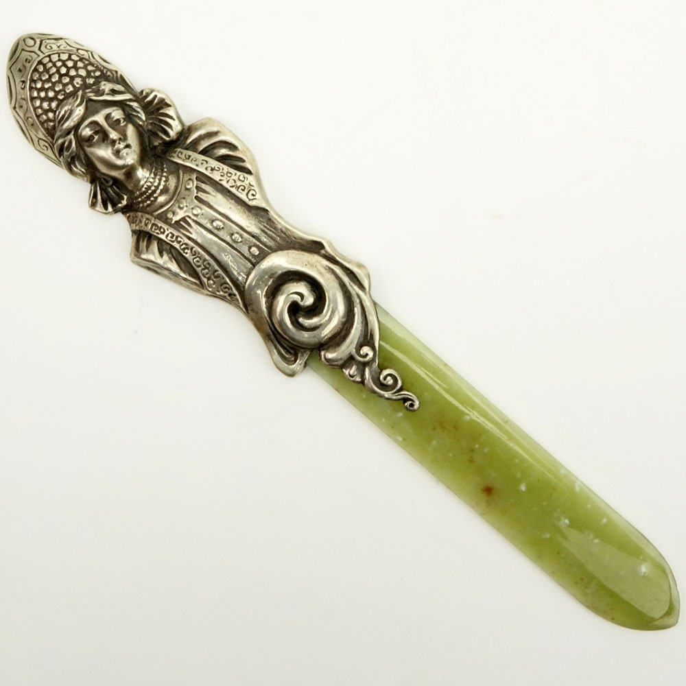 20th Century Russian Moscow 84 Silver Mounted Jade Letter Opener.