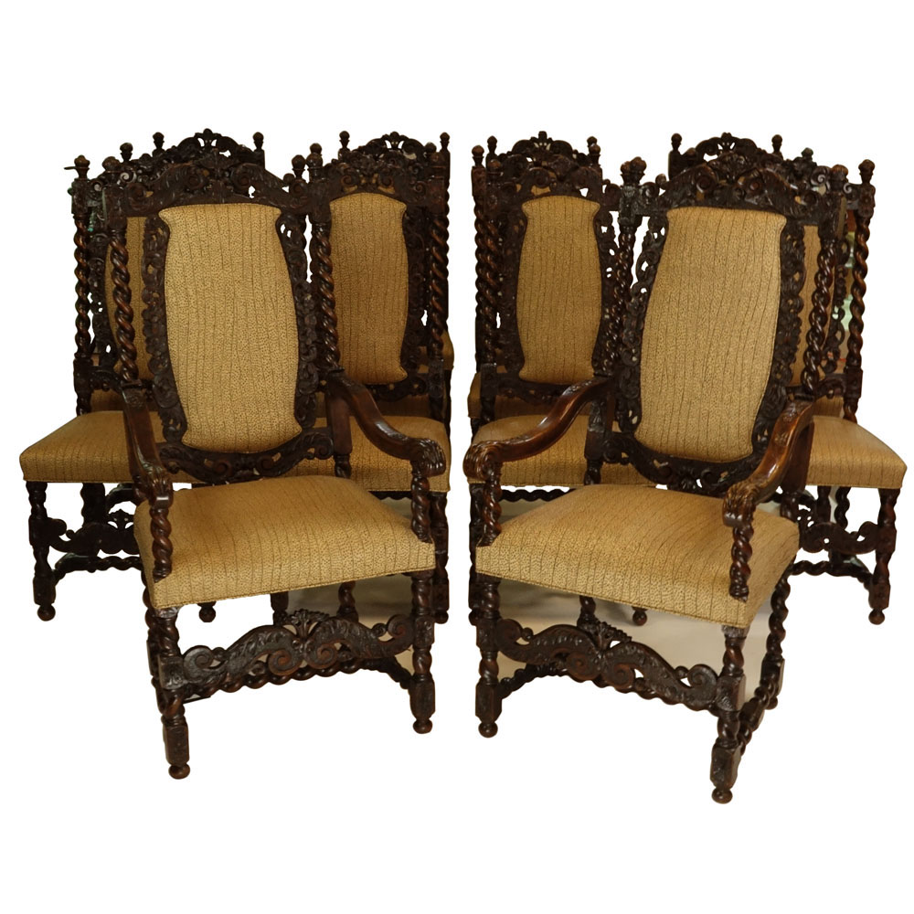 Magnificent Rare Set of Fourteen (14) 17/18th Century Dutch Carved Walnut Dining Chairs