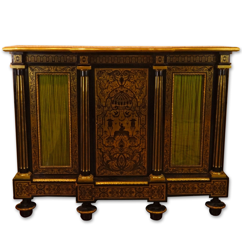 Large and Fine Quality 19th Century Chinoserie Motif Bronze Mounted Boulle Work Three Door Cabinet.