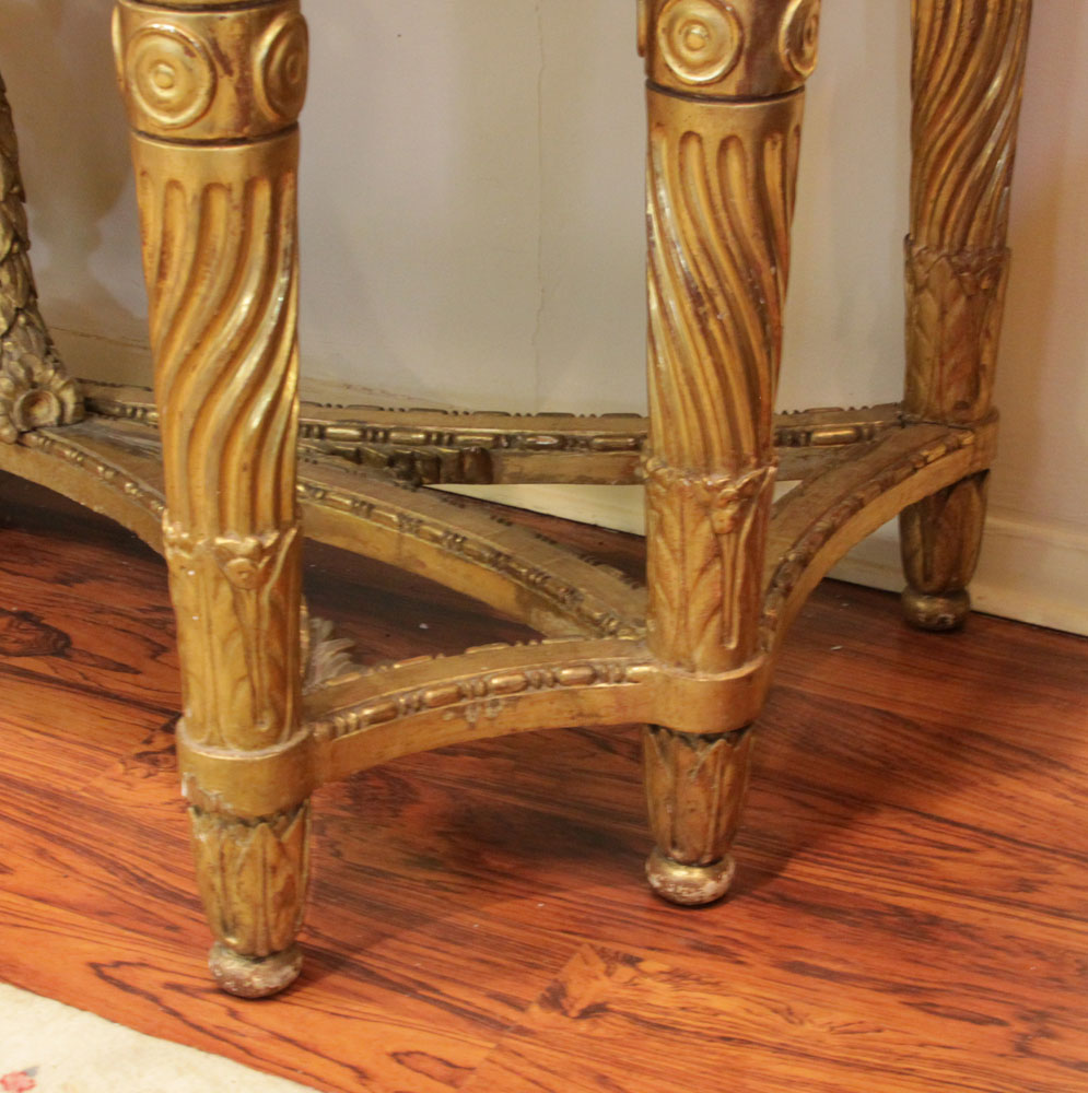 Fine Quality Large Early to Mid 19th Century Louis XVI style Carved and Gilt Wood Console with Heavy Marble Top.