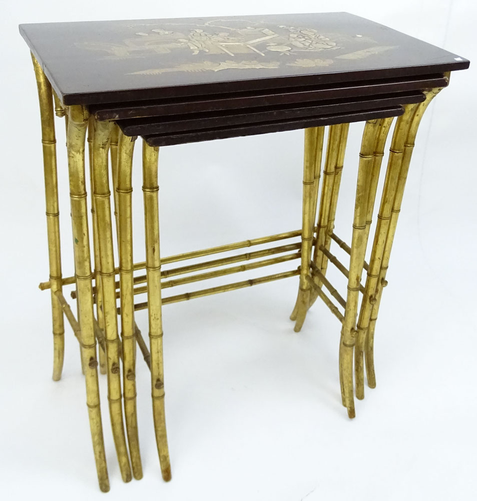 Set of Four 20th Century Japan Lacquer and Gilt Faux Bamboo Nesting Tables.