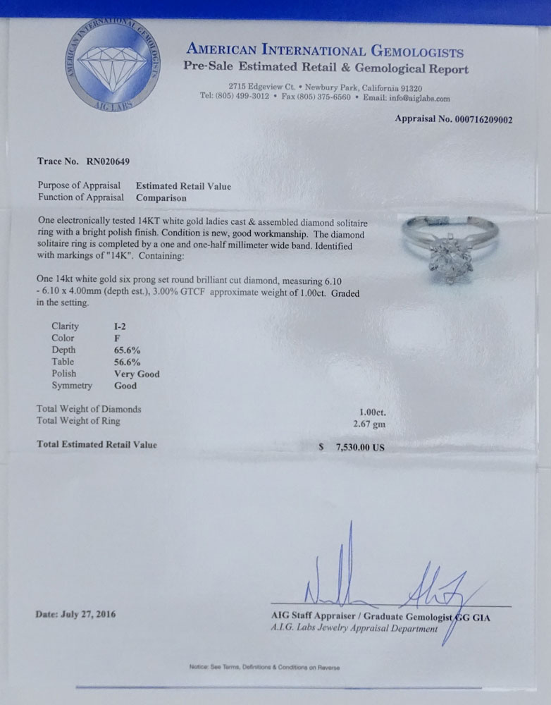 AIG Certified 1.00 Carat Round Brilliant Cut Diamond and 14 Karat White Gold Engagement Ring.