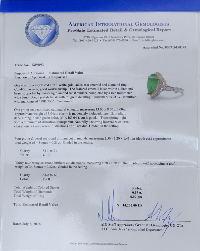 AIG Certified 3.94 Carat Mixed Cut Emerald, .53 Carat Round Brilliant Cut Diamond and 18 Karat White Gold Ring.