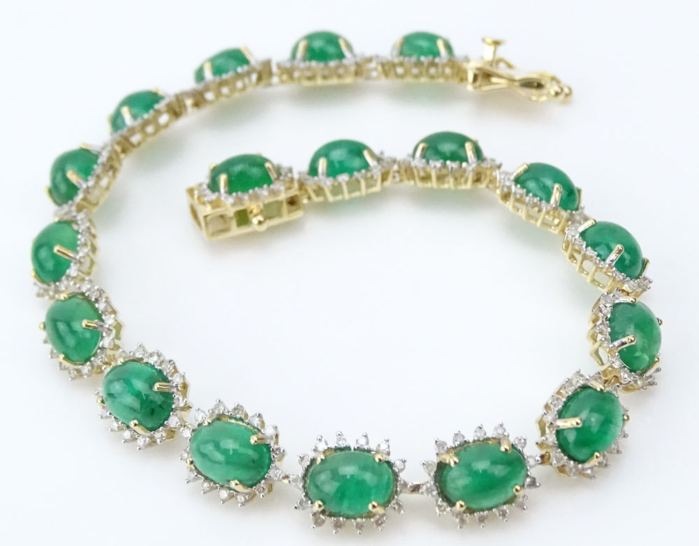 AIG Certified 16.93 Carat Oval Cabochon Cut Emerald, 1.35 Carat Round Brilliant Cut Diamond and 14 Karat Yellow Gold Bracelet. 