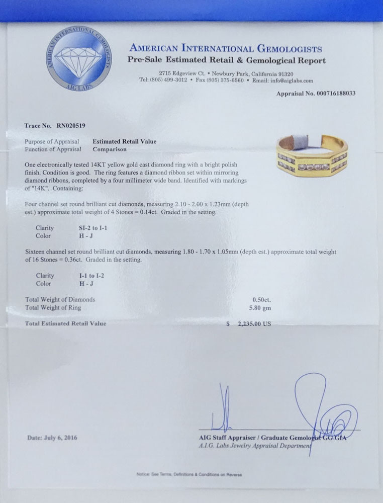 AIG Certified .50 Carat Round Brilliant Cut Diamond and 14 Karat Yellow Gold Ring.