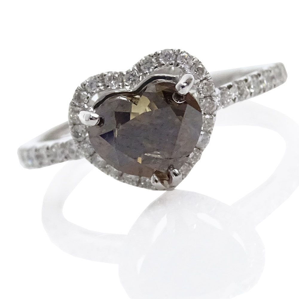 AIG Certified 1.50 Carat Heart Shape Fancy Dark Brown Diamond, .35 carat Round Brilliant Cut Diamond and 18 Karat White Gold Ring. 