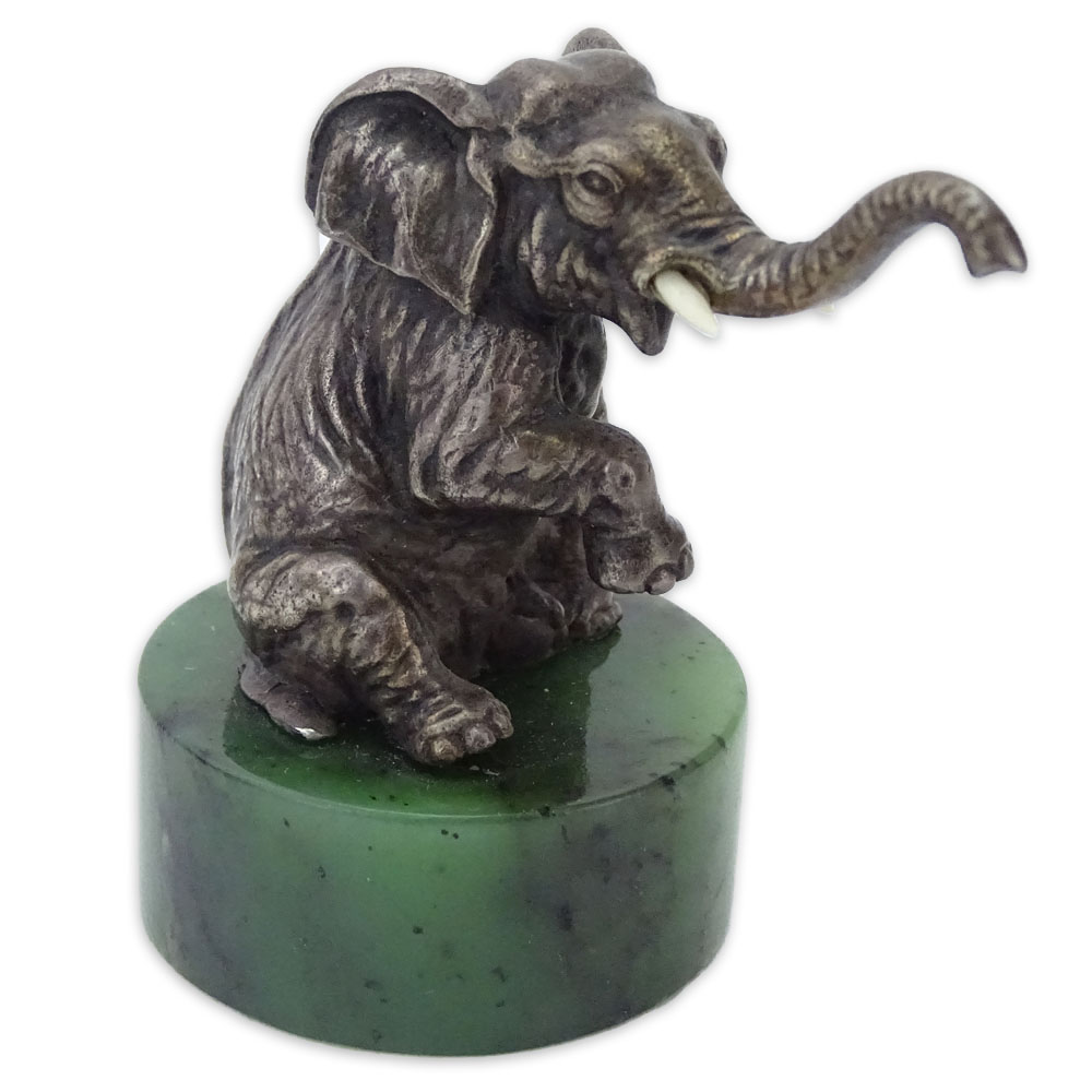 20th Century Russian 84 Silver Seated Elephant Figure on Nephrite Jade Base.