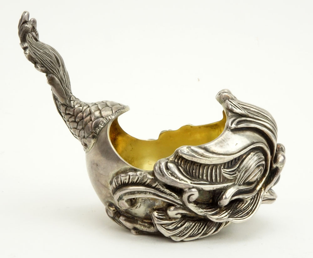 20th Century Russian 84 Silver Figural Dolphin Kovsh with Cabochon Garnet Nose.