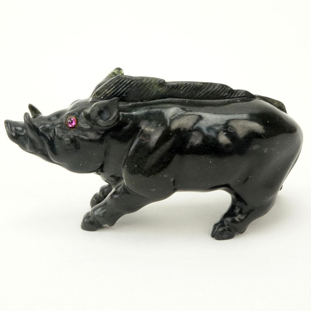 20th Century Russian Carved Obsidian Boar figure with Garnet Eyes in fitted box signed Faberge