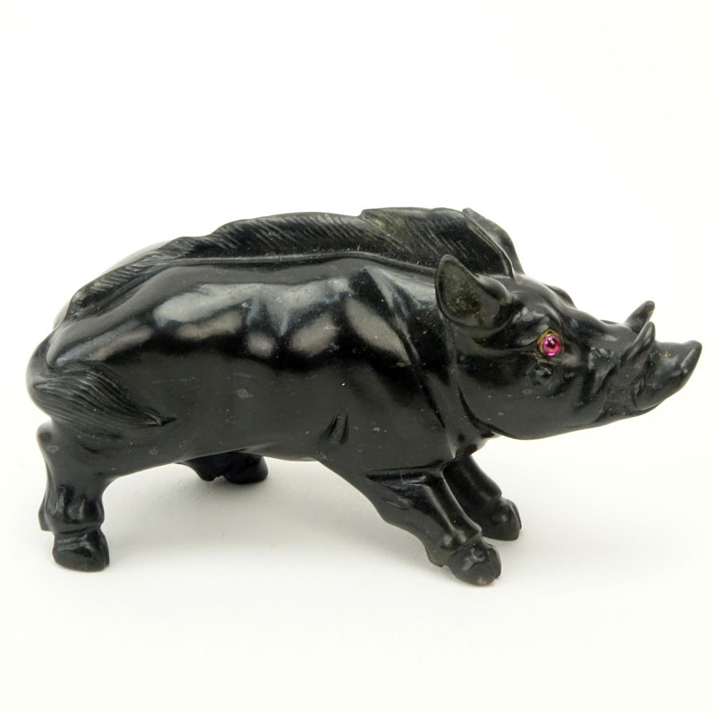 20th Century Russian Carved Obsidian Boar figure with Garnet Eyes in fitted box signed Faberge