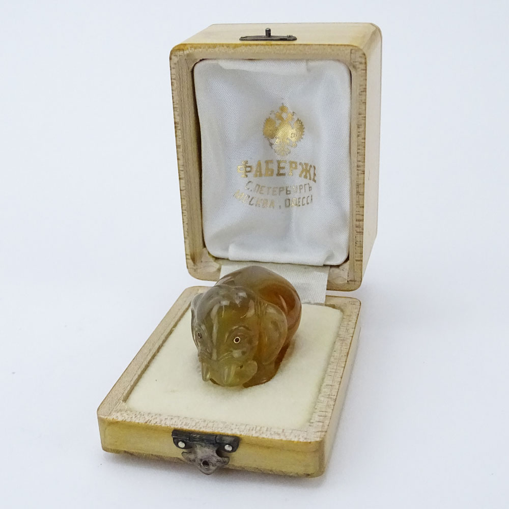 20th Century Russian Carved Carnelian Miniature Elephant Figure in fitted box signed Faberge