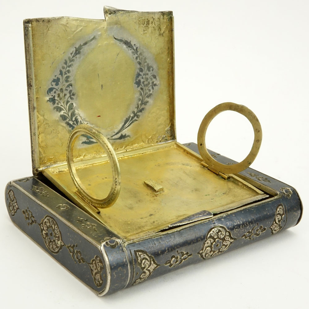 Early 20th Century Russian Steel Cigarette Case with Hidden Match and Lighter Compartments and Gilt Interior