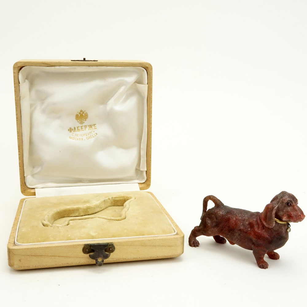 Early 20th Century Russian Carved Rhodonite Bassett Hound Figure with 56 Gold (14k) Collar in fitted box