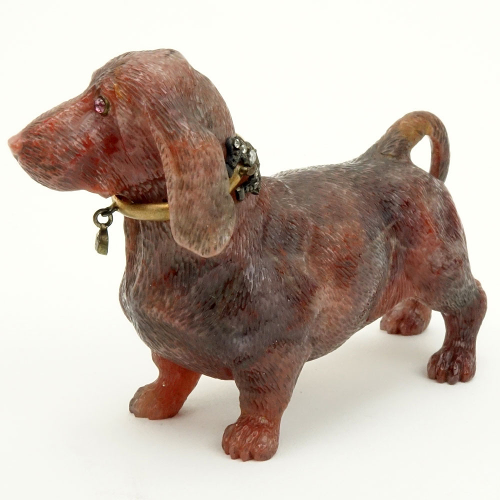 Early 20th Century Russian Carved Rhodonite Bassett Hound Figure with 56 Gold (14k) Collar in fitted box