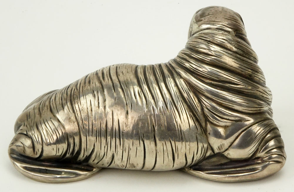 20th Century Russian 88 Silver Figural Walrus with Ruby Eyes.