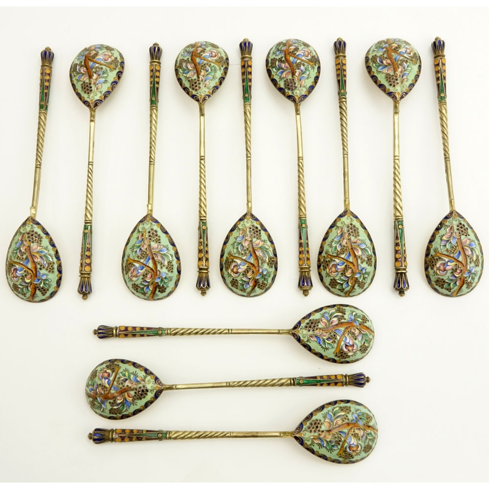 Twelve (12) Early 20th Century Russian 84 Gilt Silver and Cloisonne Enamel Spoons