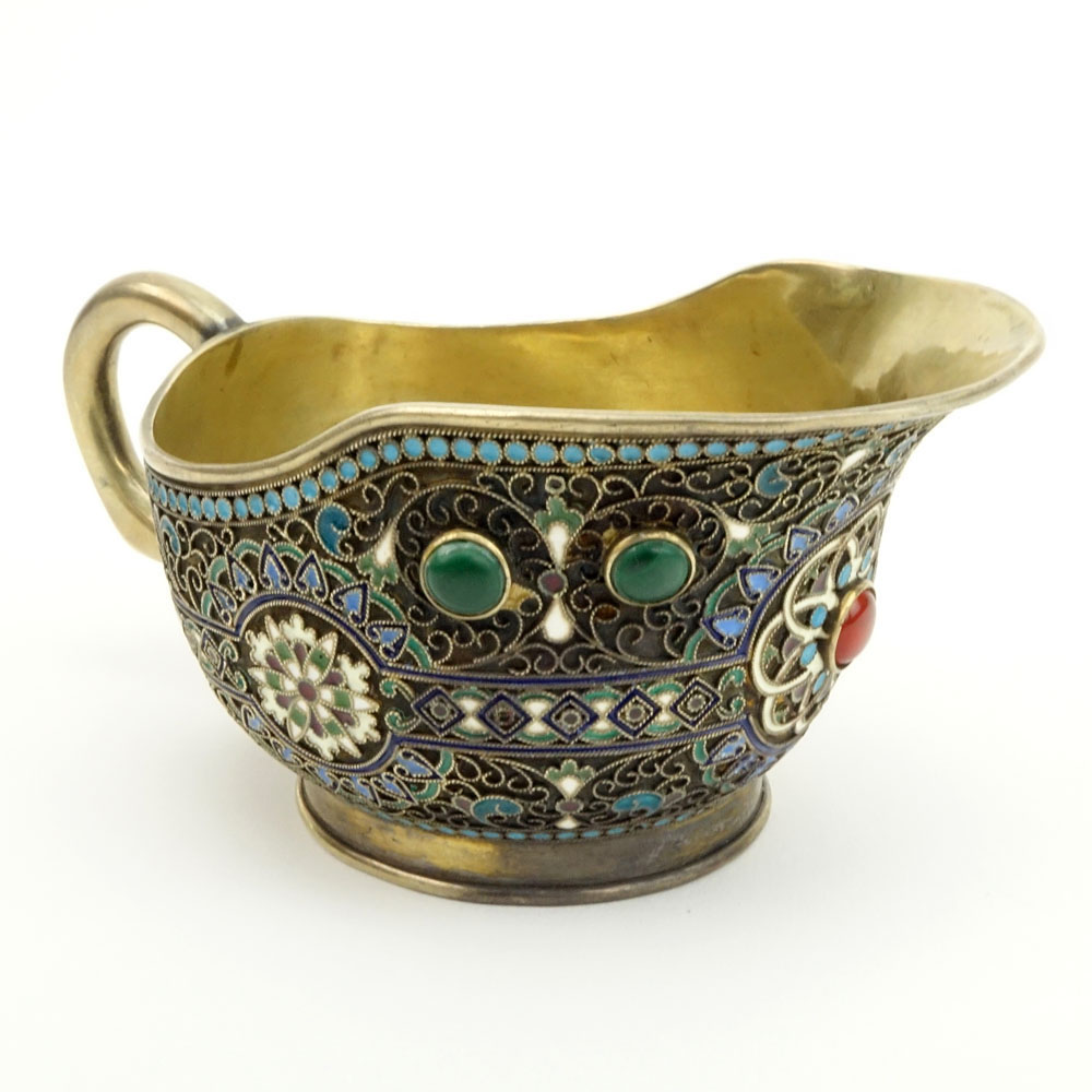 Early 20th Century Russian 84 Silver and Cloisonne Enamel Cream Pitcher