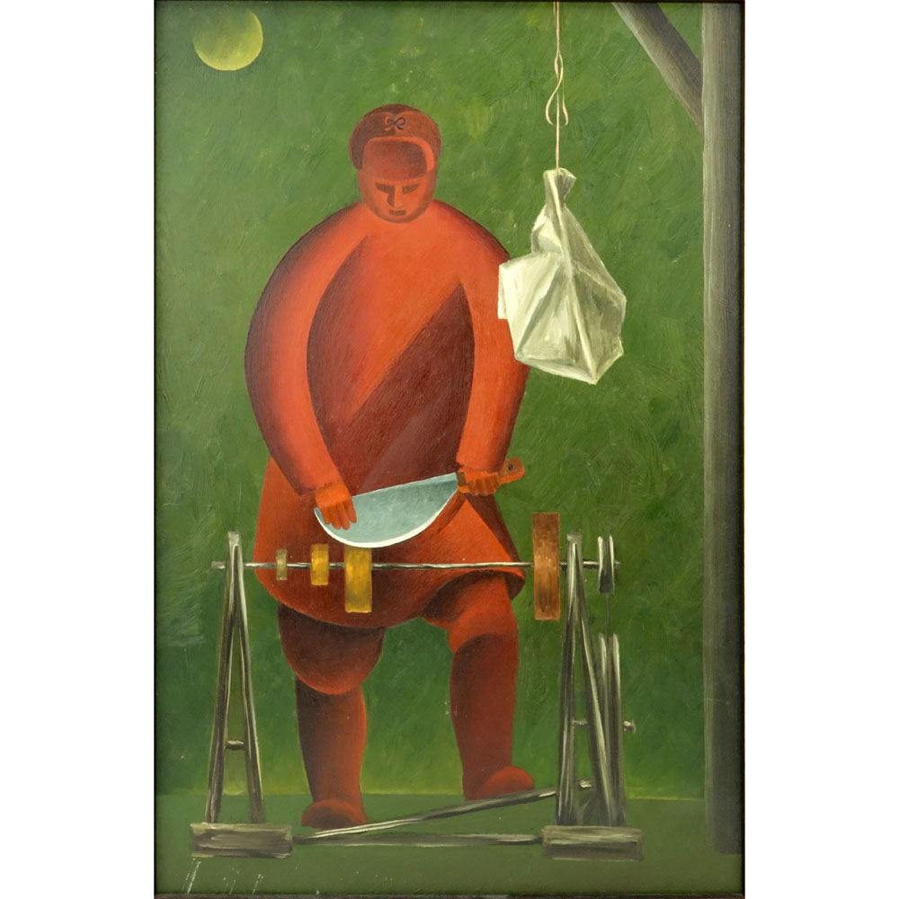 Interesting Russian Art Deco Oil Painting on Masonite. "Figure Sharpening A Knife"