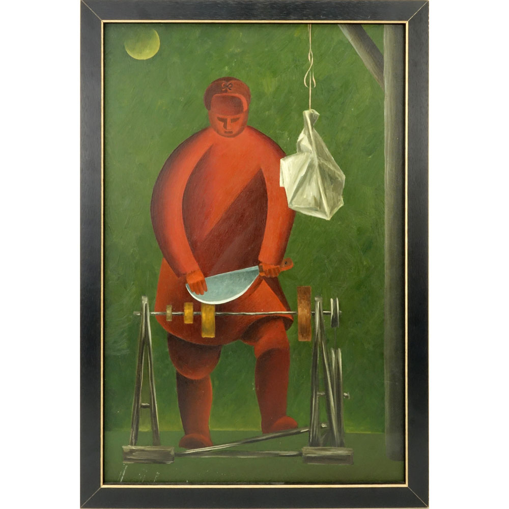 Interesting Russian Art Deco Oil Painting on Masonite. "Figure Sharpening A Knife"