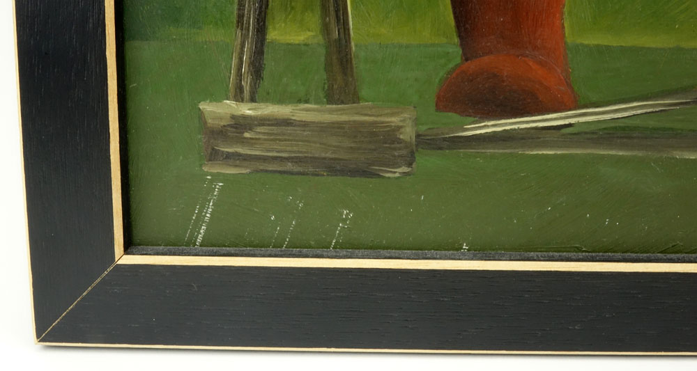 Interesting Russian Art Deco Oil Painting on Masonite. "Figure Sharpening A Knife"
