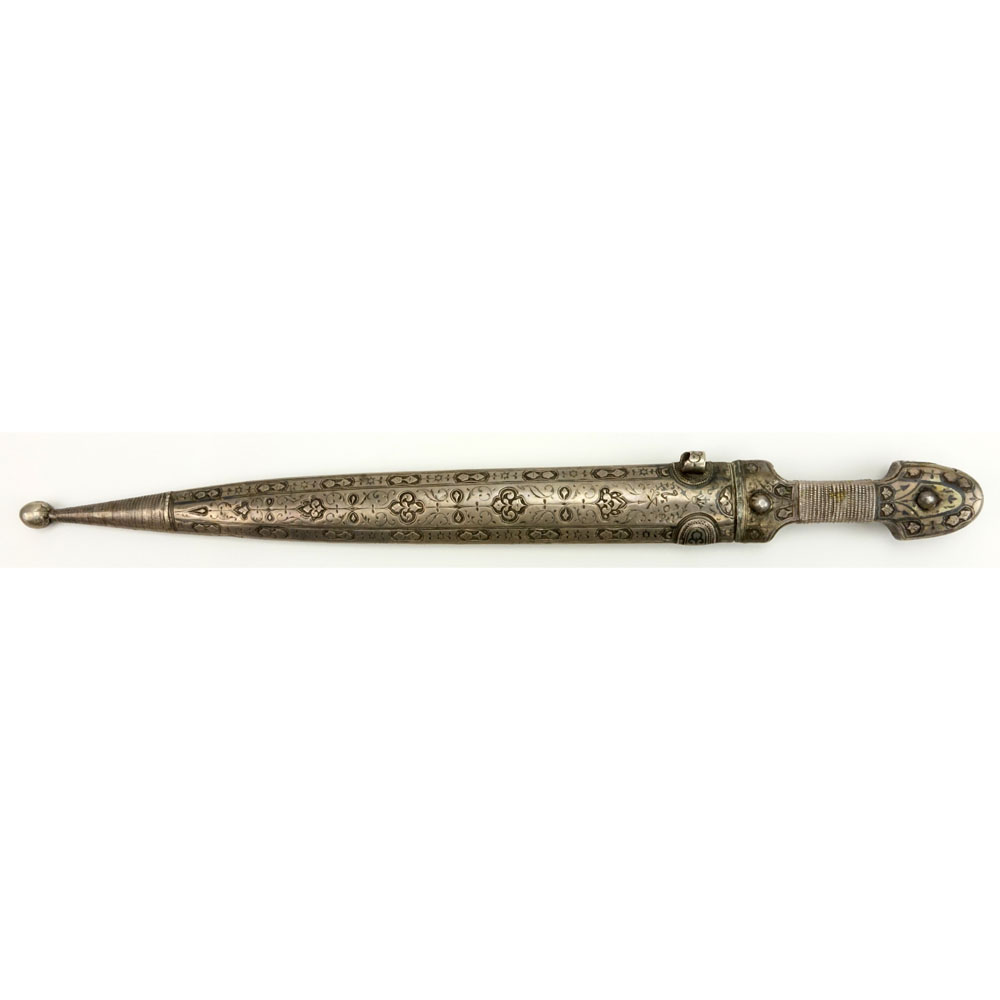 19th Century Turkish Ottoman Niello Silver Mounted Dagger (Kindjal)