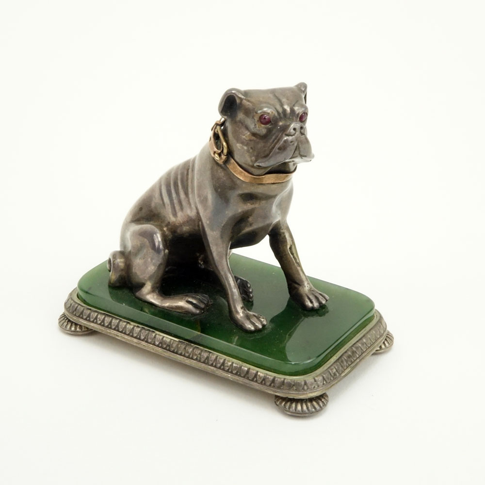 20th Century Russian 88 Silver Dog Figure on Nephrite Jade Base and with 56 Gold (14k) Collar