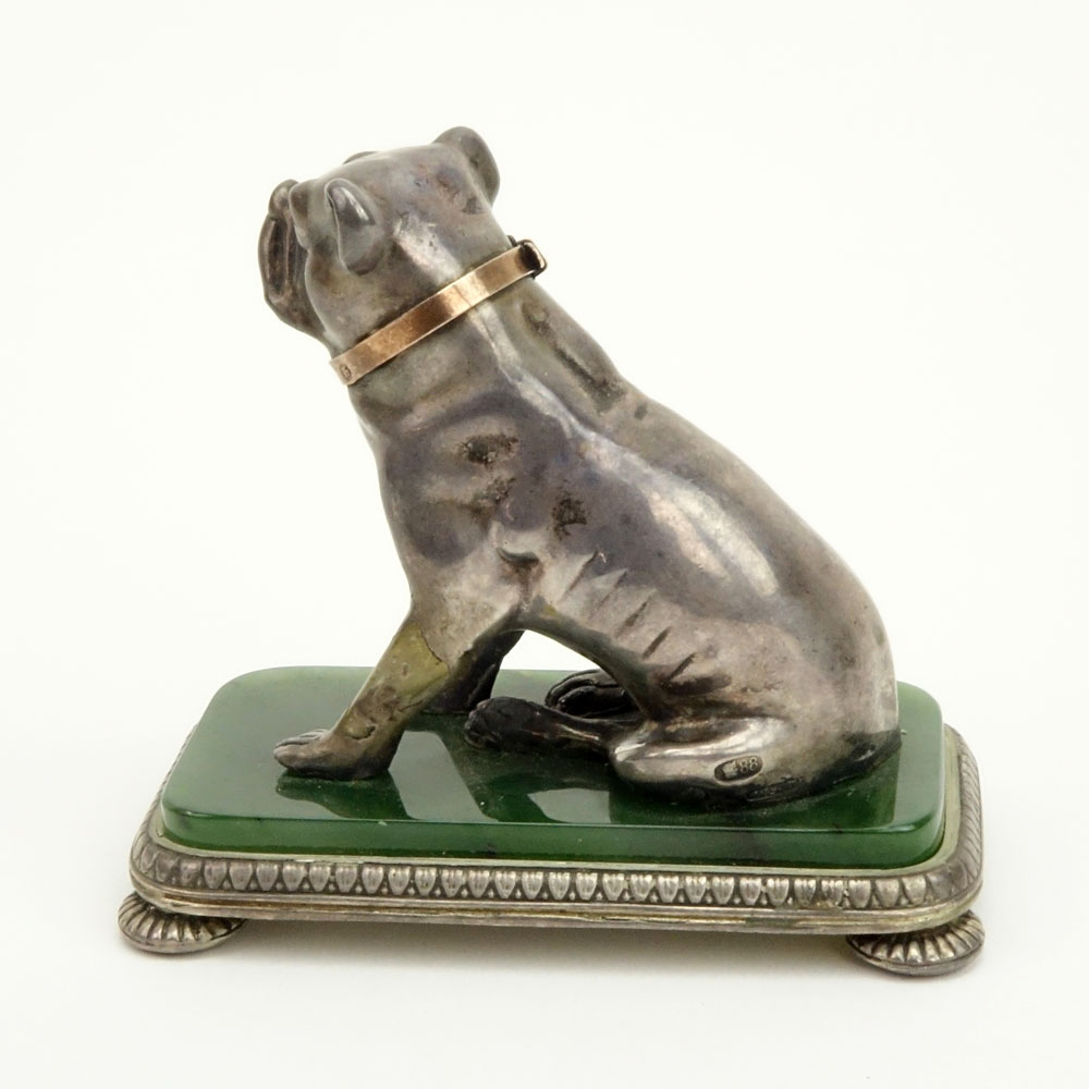 20th Century Russian 88 Silver Dog Figure on Nephrite Jade Base and with 56 Gold (14k) Collar