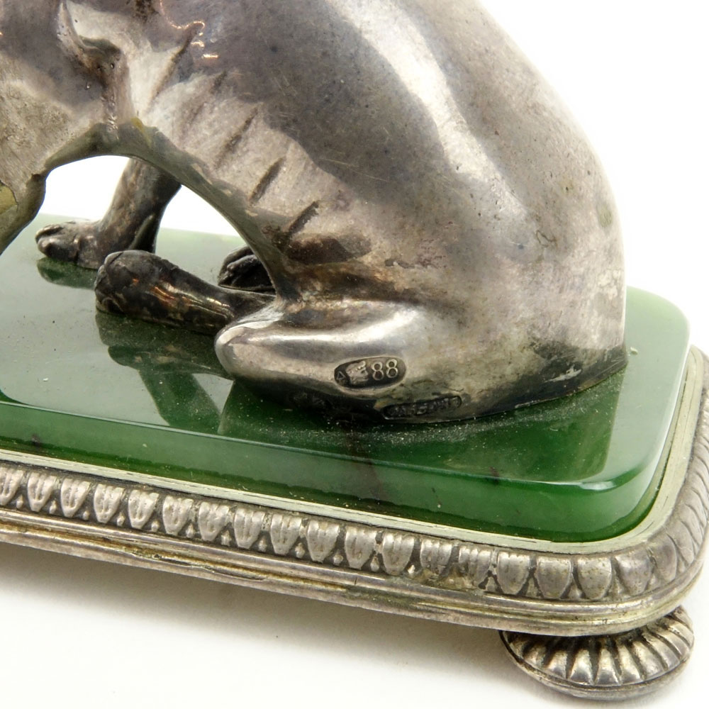 20th Century Russian 88 Silver Dog Figure on Nephrite Jade Base and with 56 Gold (14k) Collar