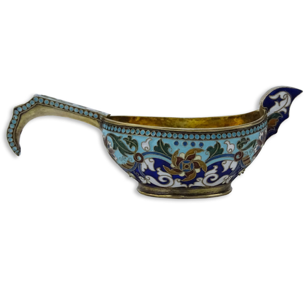 20th Century Russian 84 Silver and Cloisonne Enamel Kovsh