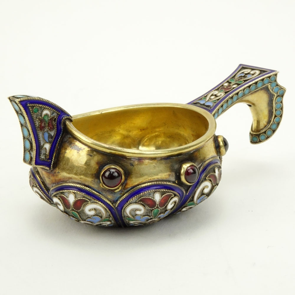 20th Century Russian 84 Silver and Cloisonne Enamel Kovsh with Cabochon Amethysts. 20A, 84 Kokoshnik