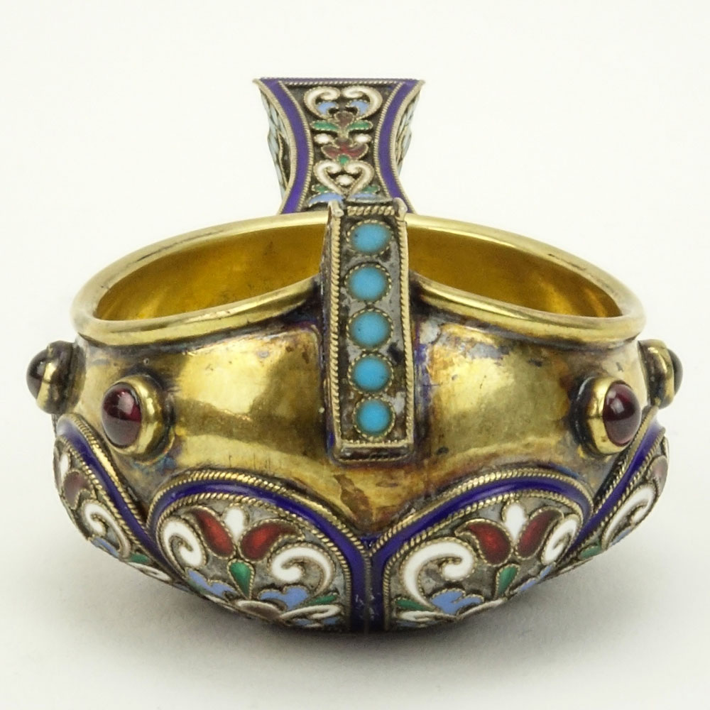 20th Century Russian 84 Silver and Cloisonne Enamel Kovsh with Cabochon Amethysts. 20A, 84 Kokoshnik