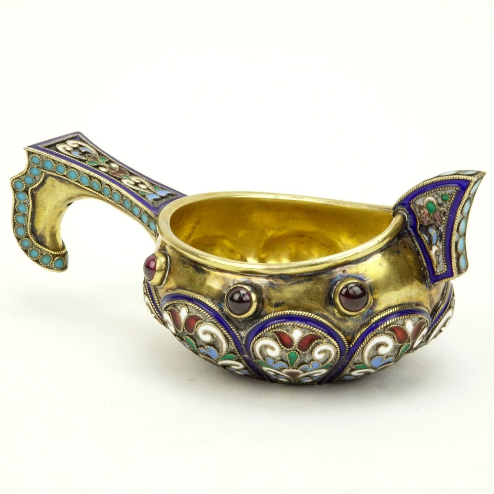 20th Century Russian 84 Silver and Cloisonne Enamel Kovsh with Cabochon Amethysts. 20A, 84 Kokoshnik