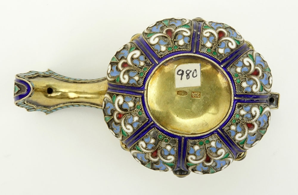 20th Century Russian 84 Silver and Cloisonne Enamel Kovsh with Cabochon Amethysts. 20A, 84 Kokoshnik