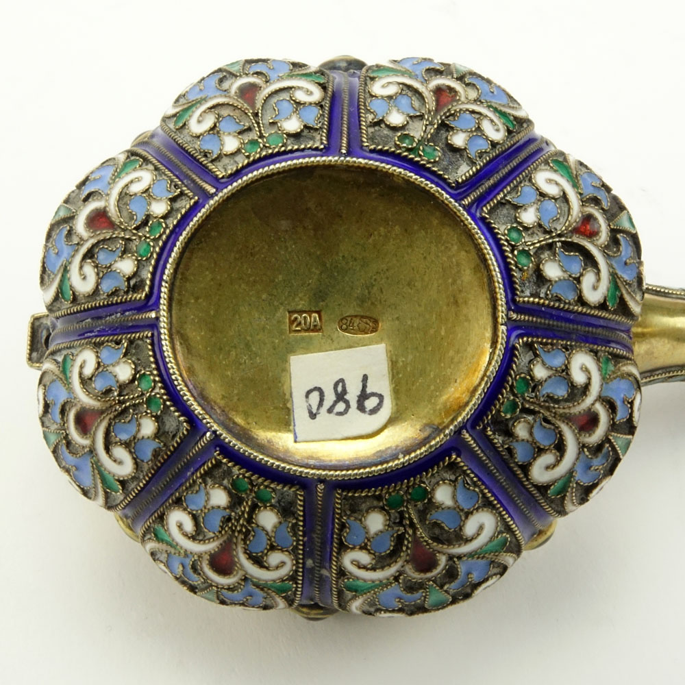 20th Century Russian 84 Silver and Cloisonne Enamel Kovsh with Cabochon Amethysts. 20A, 84 Kokoshnik