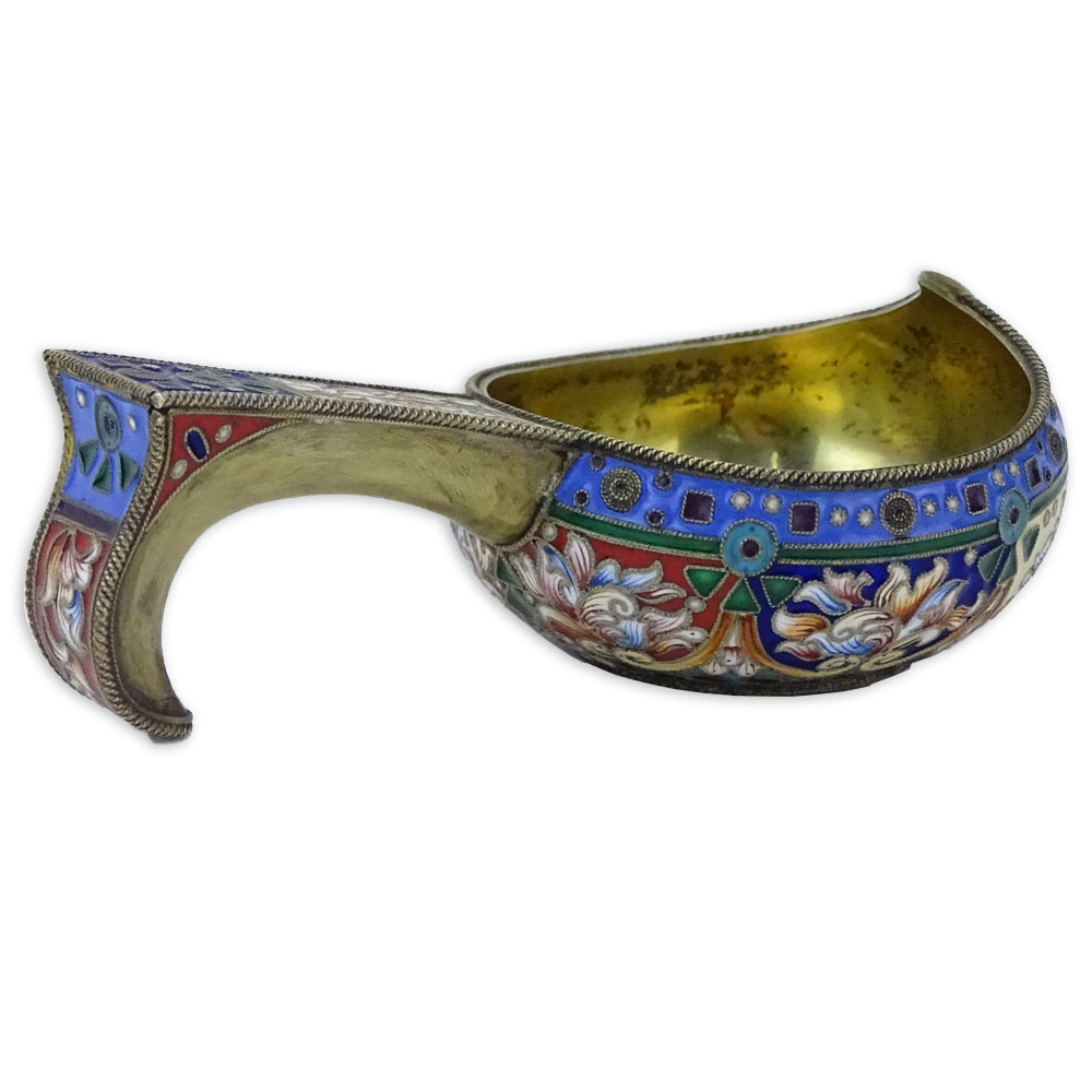 20th Century Russian 84 Silver and Cloisonne Enamel Kovsh