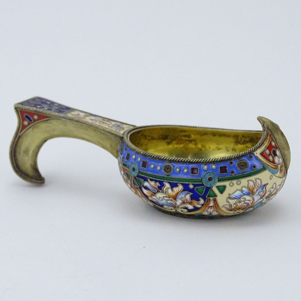 20th Century Russian 84 Silver and Cloisonne Enamel Kovsh