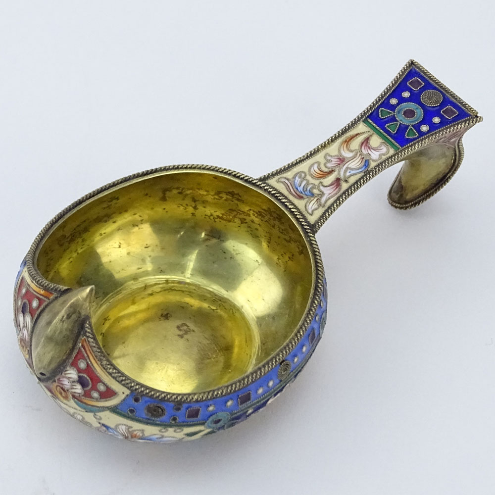 20th Century Russian 84 Silver and Cloisonne Enamel Kovsh