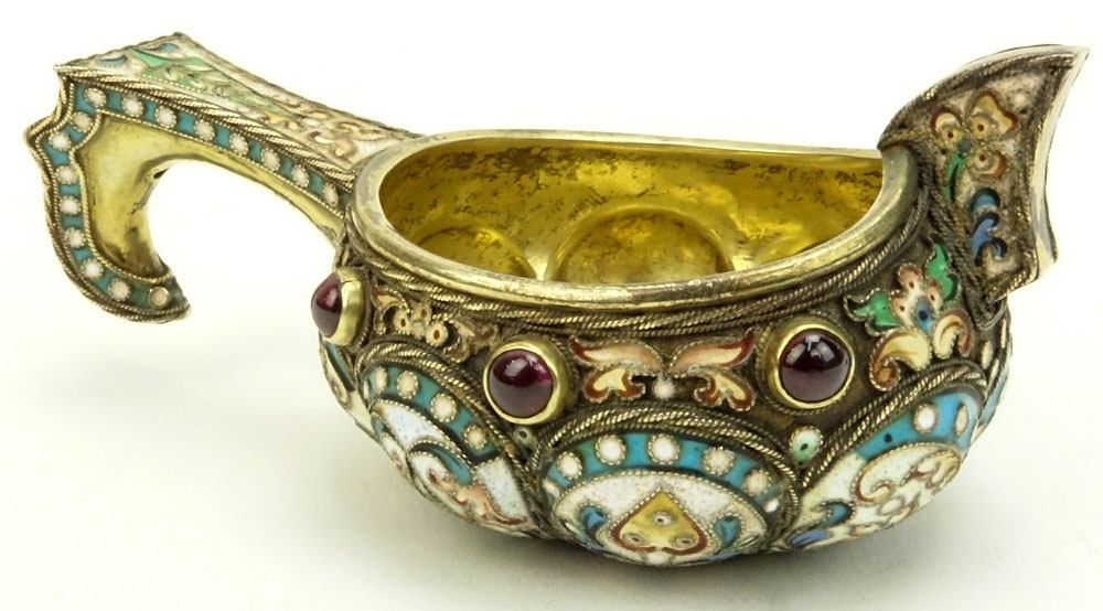 20th Century Russian 84 Silver and Cloisonne Enamel Kovsh