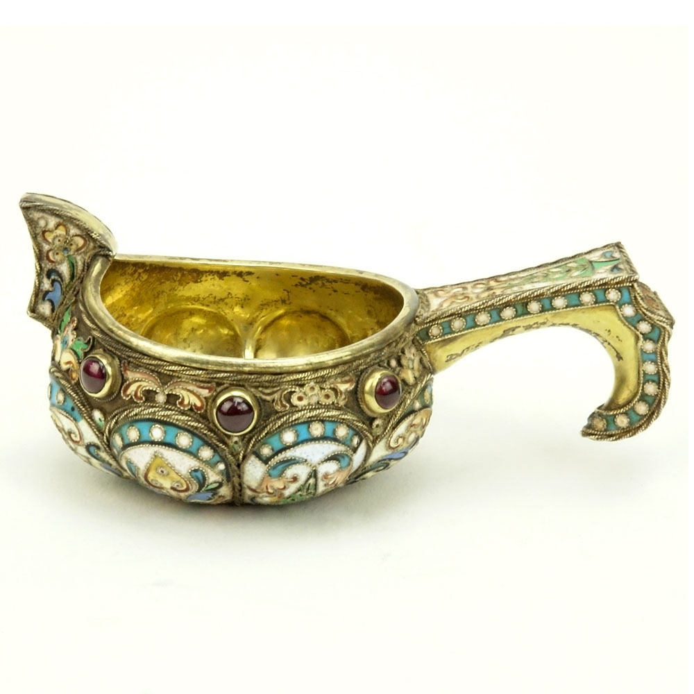 20th Century Russian 84 Silver and Cloisonne Enamel Kovsh