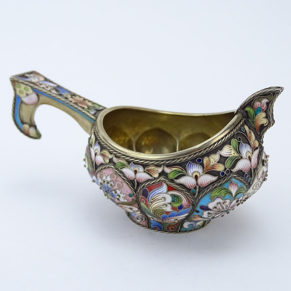 20th Century Russian 88 Silver and Cloisonne Enamel Kovsh