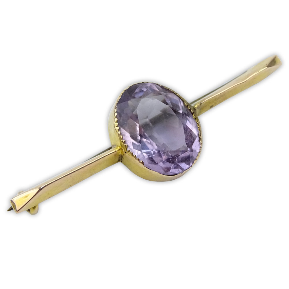 Antique English Oval Brilliant Cut Amethyst and 9 Carat Yellow Gold Bar Pendant/Brooch