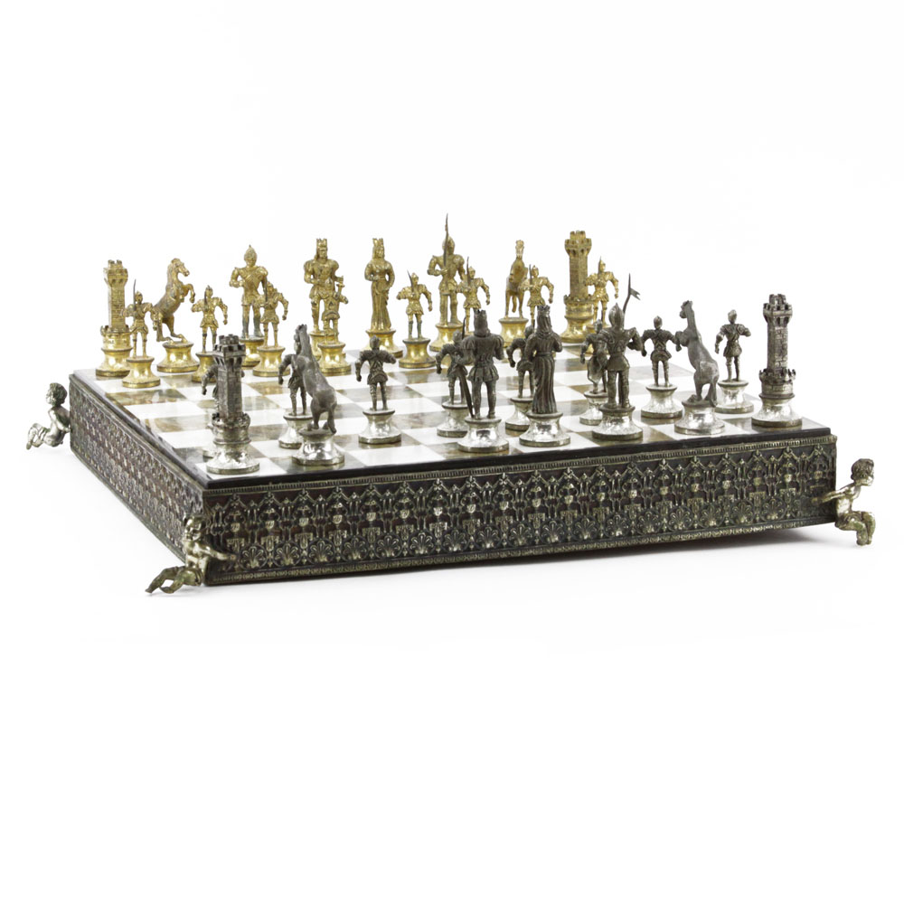 Giuseppe Vasari Italian, circa 1970 gilt metal figural chess set 