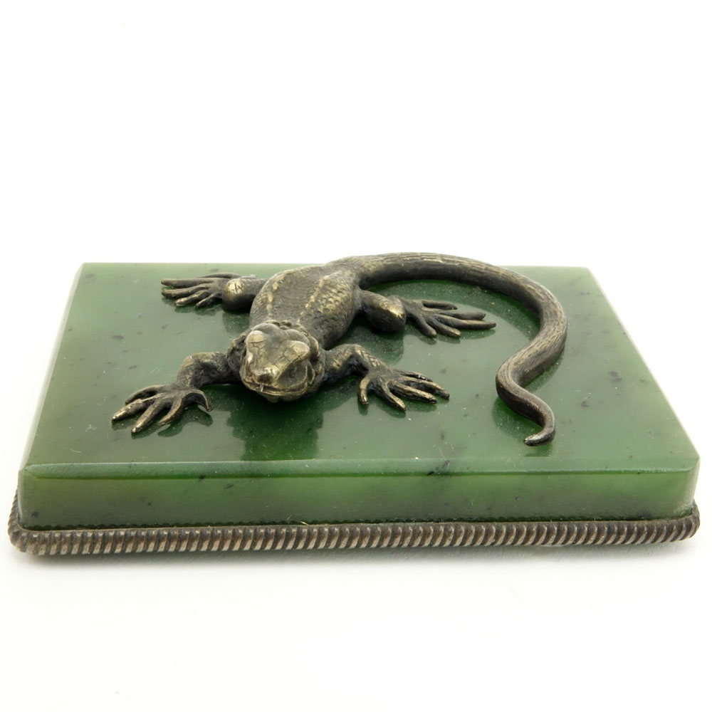 20th Century Russian 88 Silver Lizard Figure on Nephrite Jade Base.