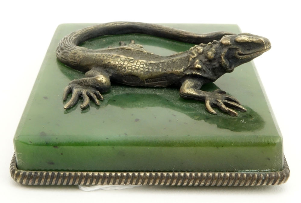 20th Century Russian 88 Silver Lizard Figure on Nephrite Jade Base.