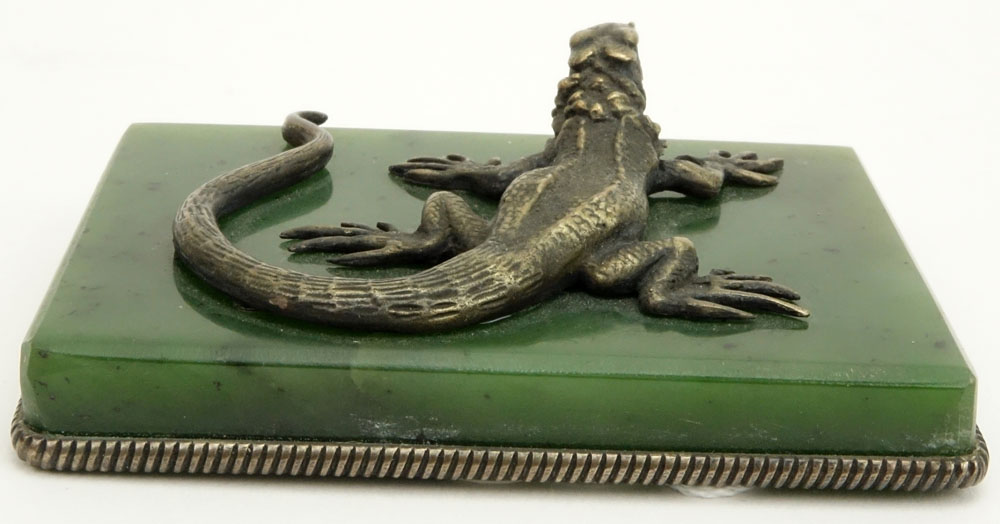 20th Century Russian 88 Silver Lizard Figure on Nephrite Jade Base.