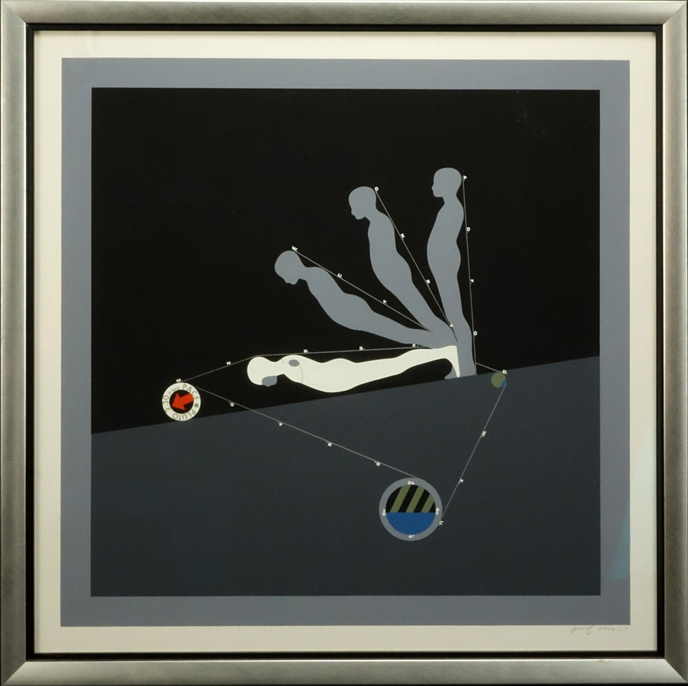 Ernest Trova, American (1927-2009) Color Silkscreen "Falling Man" on Linen Paper